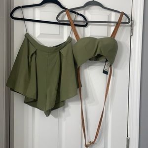 Olive green 2pc short set crop top with straps